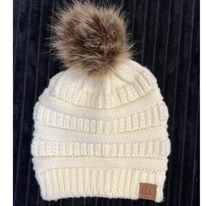 C.C Knit White Beanie with Brown Fur Pom Pom - Cozy & Stylish Winter Hat